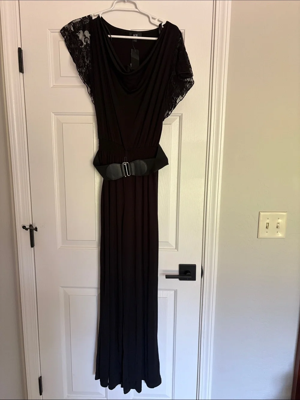 AGB size Medium Black Lace-Sleeve Maxi Pantsuit with Belt - Picture 1 of 7